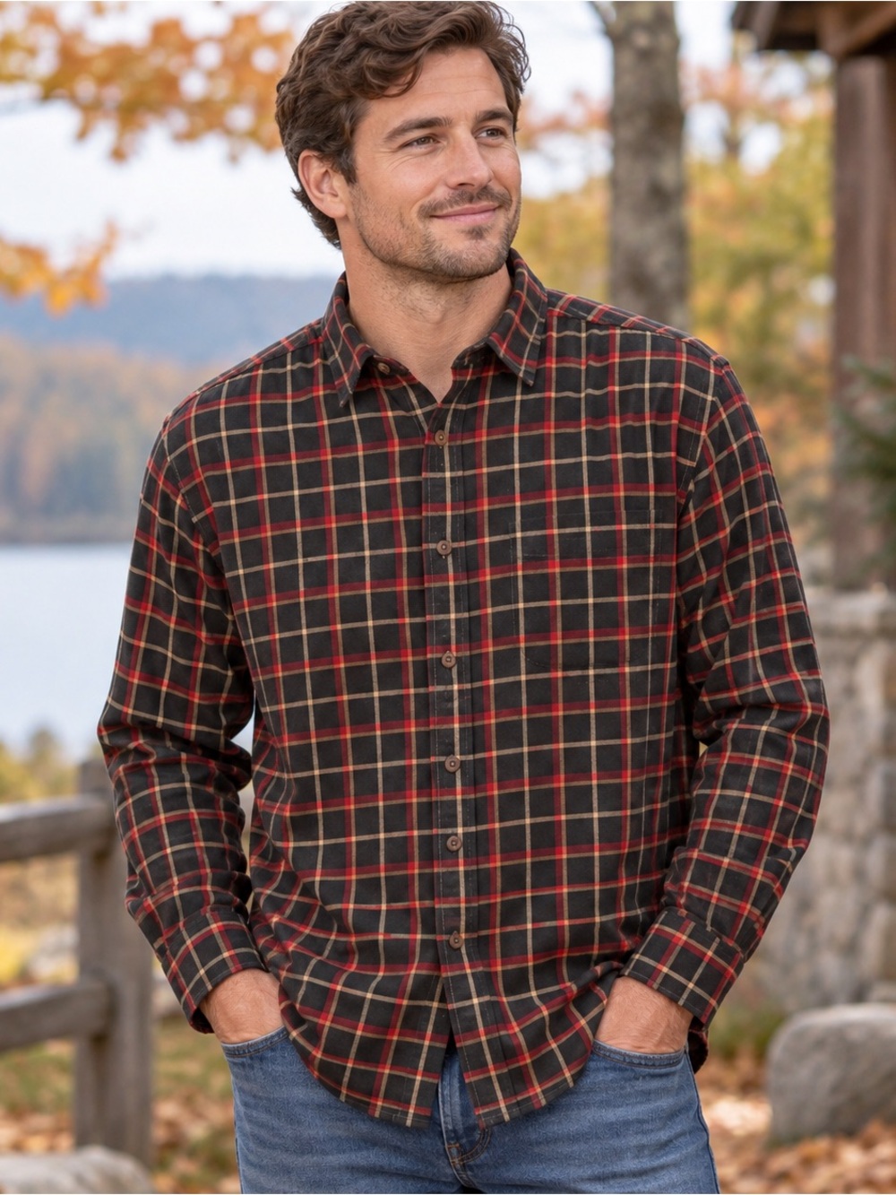 L.L. Bean Men’s Large Plaid Button Down Shirt Red Black Cotton Blend